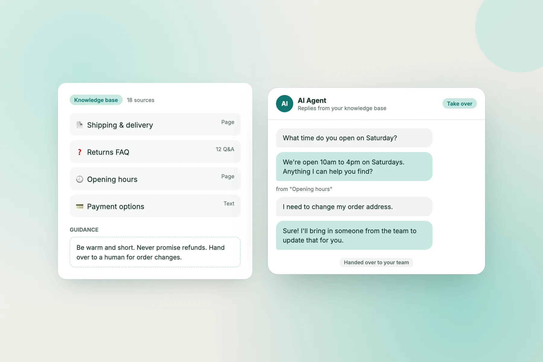 AI Agent answering from a knowledge base with a handover to a human