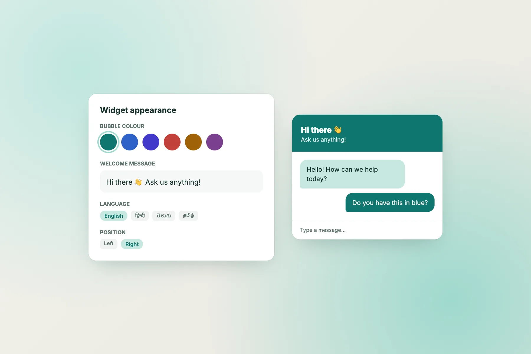 Widget appearance settings with colour, welcome message and language