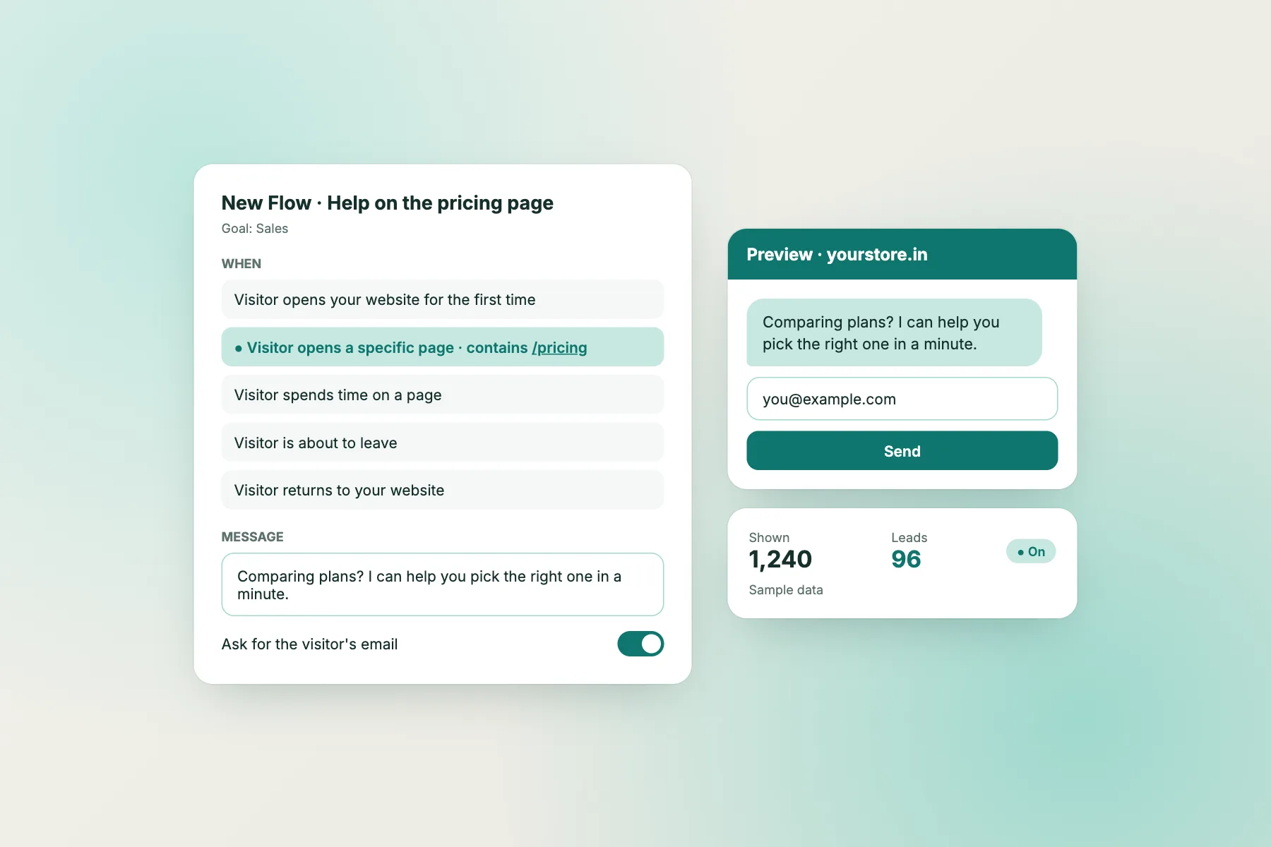 Flow editor showing a pricing-page greeting with email capture