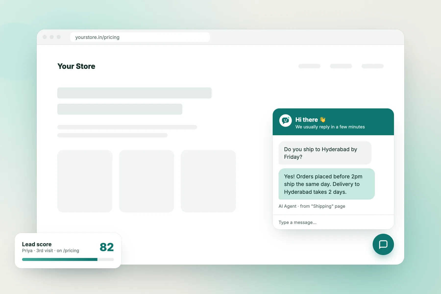 LiveChatBot chat widget answering a shipping question on an online store, with a lead score card
