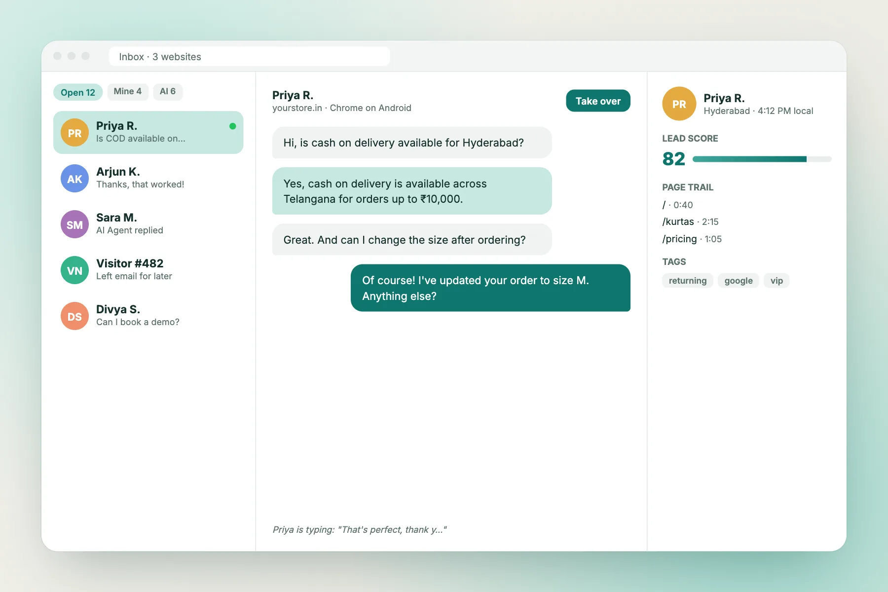 Shared inbox with conversation list, chat and visitor details