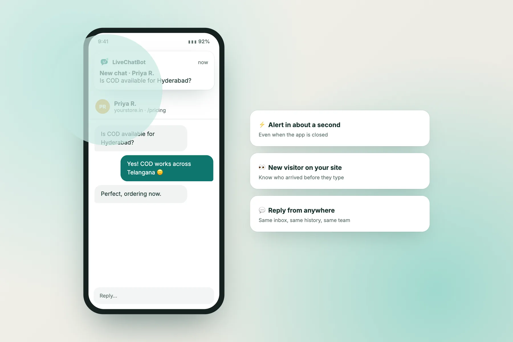 LiveChatBot Android app showing a new chat notification