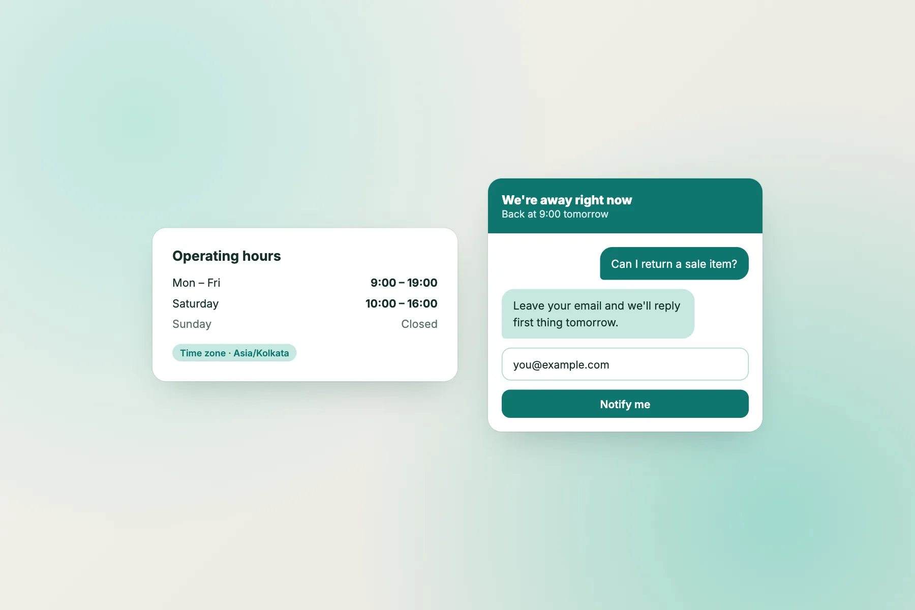 Operating hours and an offline message that collects the visitor email